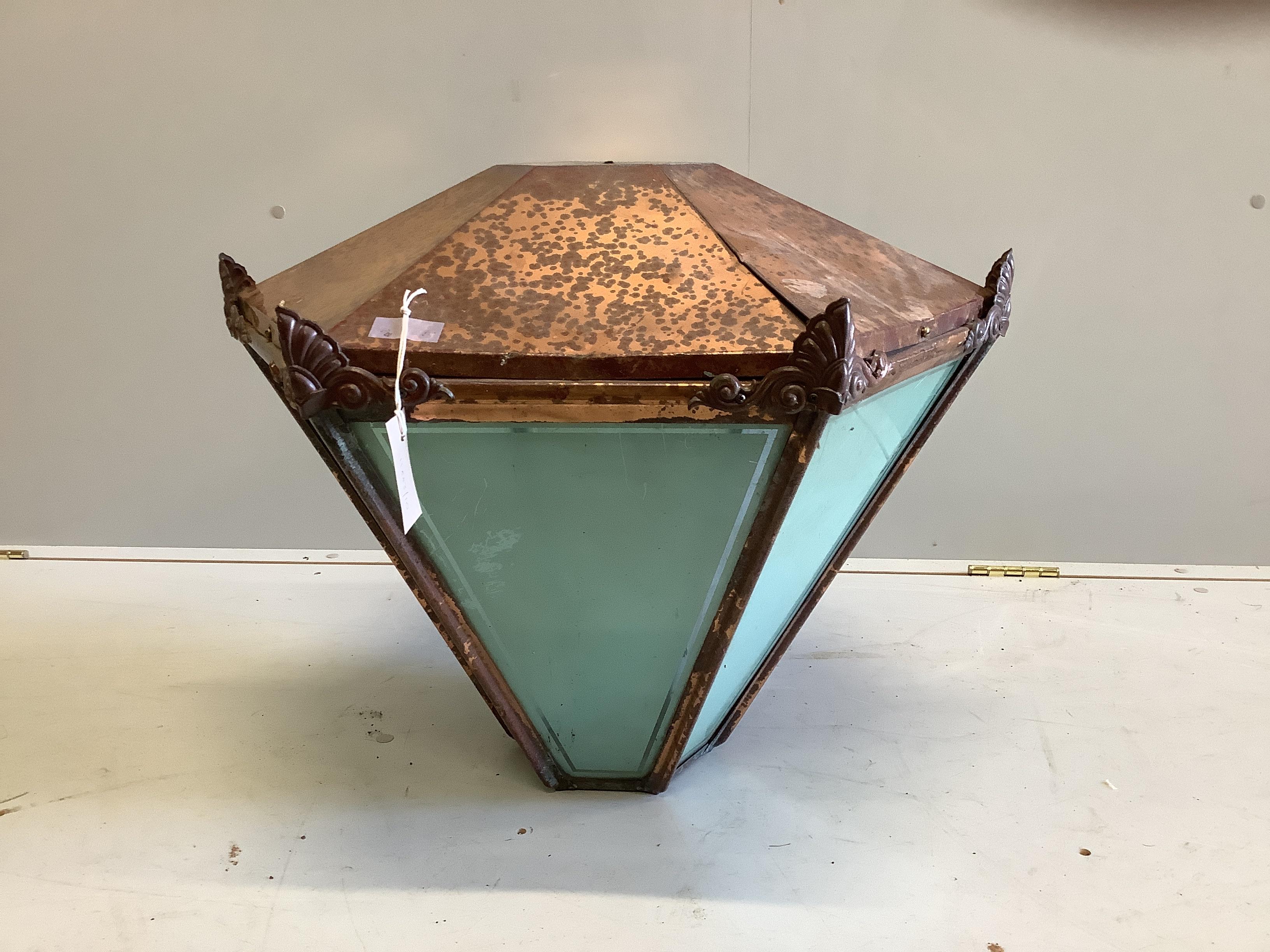 A hexagonal copper lantern, width 66cm, height 50cm